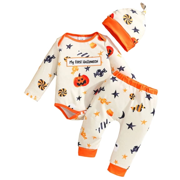JAJAHO My First Halloween Outfits Baby Clothes Boys Girls Long Sleeve Bodysuit With Pant And Hat 3 Piece Set 0-18M