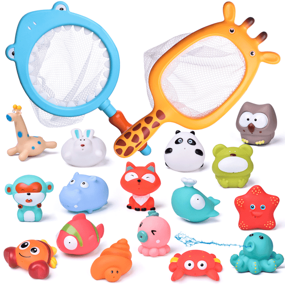 Fun Little Toys 18 Pcs Baby Bath Toys with Soft Cute Ocean Animals Bath Squirters and Fishing Net, Water Toys for Kids Birthday Gifts for Boys & Girls