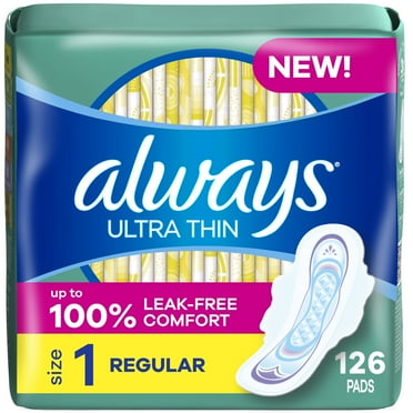Always Ultra Thin Feminine Pads with Wings for Women, Size 1, Regular Absorbency, Unscented, 126 Count