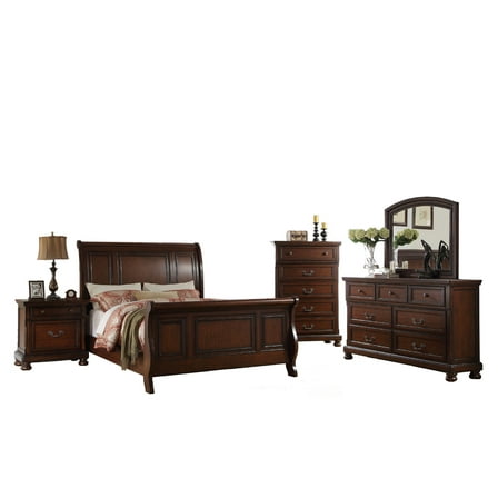Majestic Traditional Cherry Veneer 6pc Bedroom Furniture Cal King Size Bed Dresser Mirror 2 Nightstands Chest Sleigh Bed