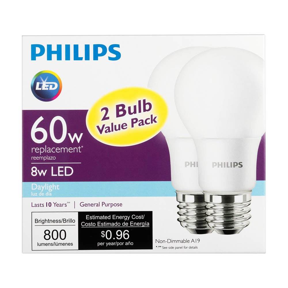 Philips 8 Watt A19 60 Watt Replacement 800 Lumen Daylight LED Light