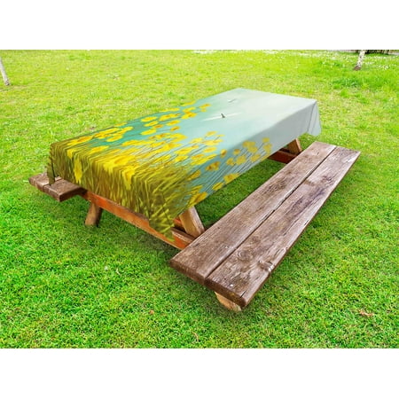 

Dragonfly Outdoor Tablecloth Flourishing Artistic Landscape with Daisies on Grass and Dragonflies in the Air Decorative Washable Fabric Picnic Tablecloth 58 X 120 Inches Green Yellow by Ambesonne