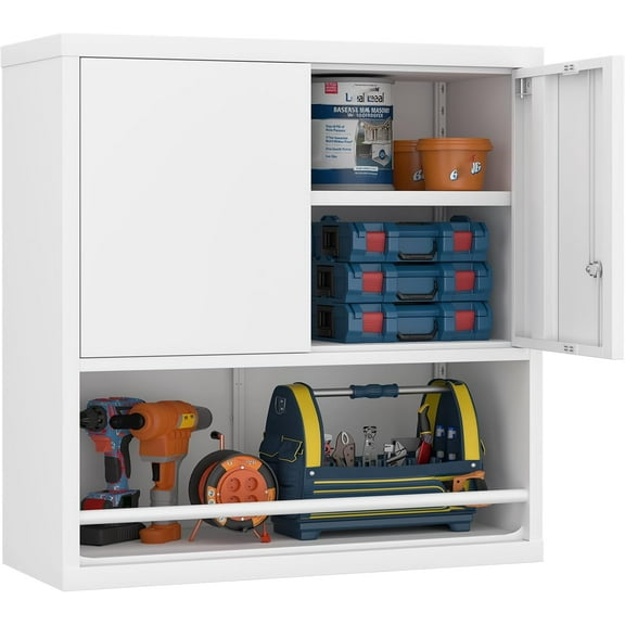 GREATMEET 31" H Locking Metal Garage Storage Cabinet with Doors and Shelves, Lockable Wall Cabinet Storage, White Steel Wall Mount Cabinet Hanging Floating for Office Utility Room