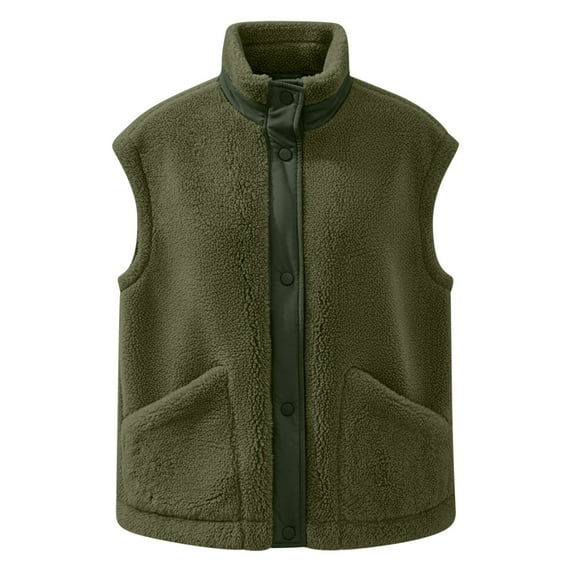 ClodeEU Women's Plush Fleece Vest Jacket With Pockets,Lightweight Stand Collar Button Sleeveless Outwear Army Green,Womens Plus M