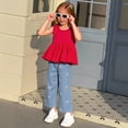 thumbnail image 2 of HCNTES Little Girls Summer 2 Piece Outfits Kids Short Sleeve Tops Wide Leg Pants Clothing Sets 3T 4T 5T 6T 7T Kids Girls School Outfits Set(F02-Red,6-7 Years), 2 of 9