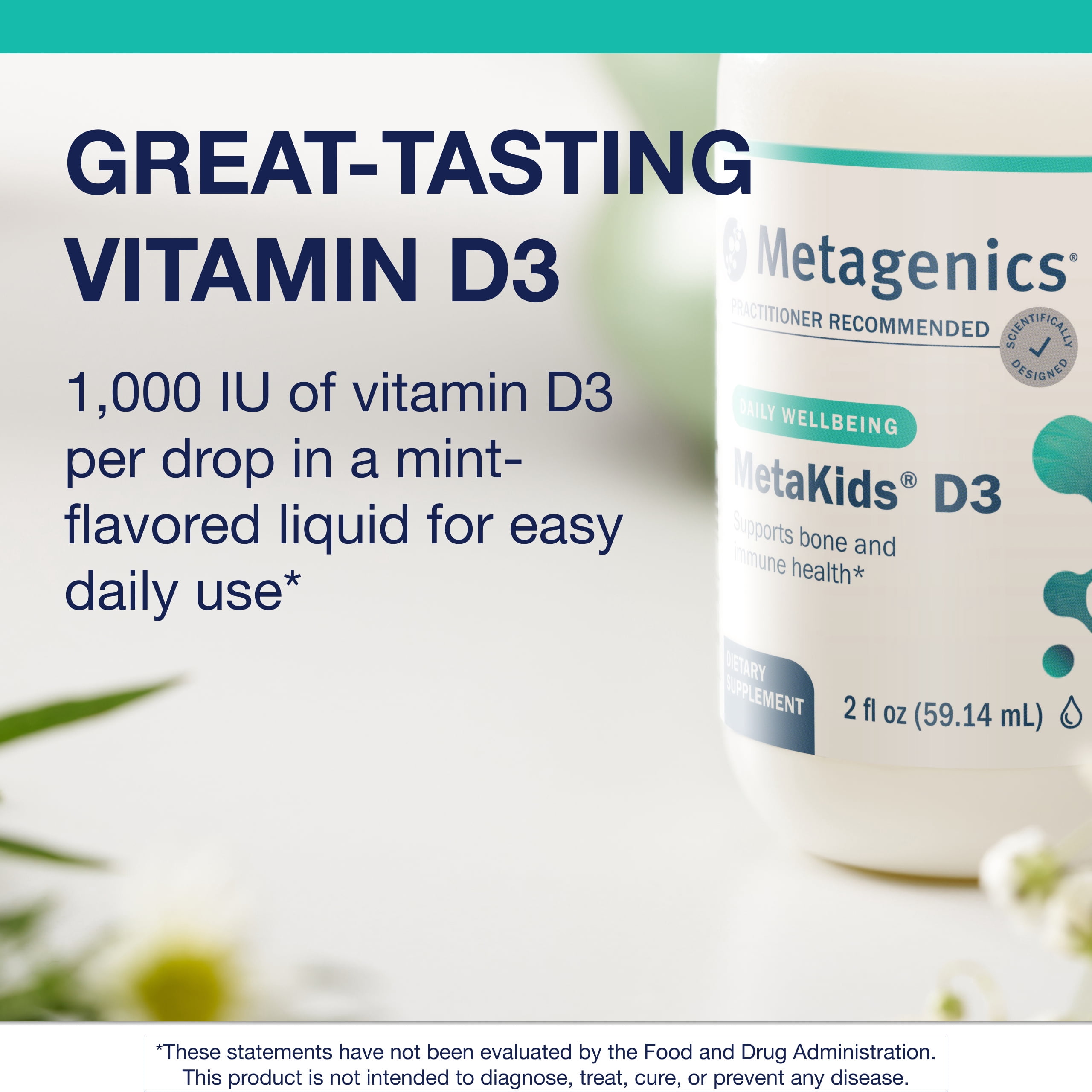 Metagenics MetaKids Vitamin D3 1000 IU Liquid Vitamin D Supplement to Help Support Bone and Immune Health - 2 fl oz, 2,275 Servings