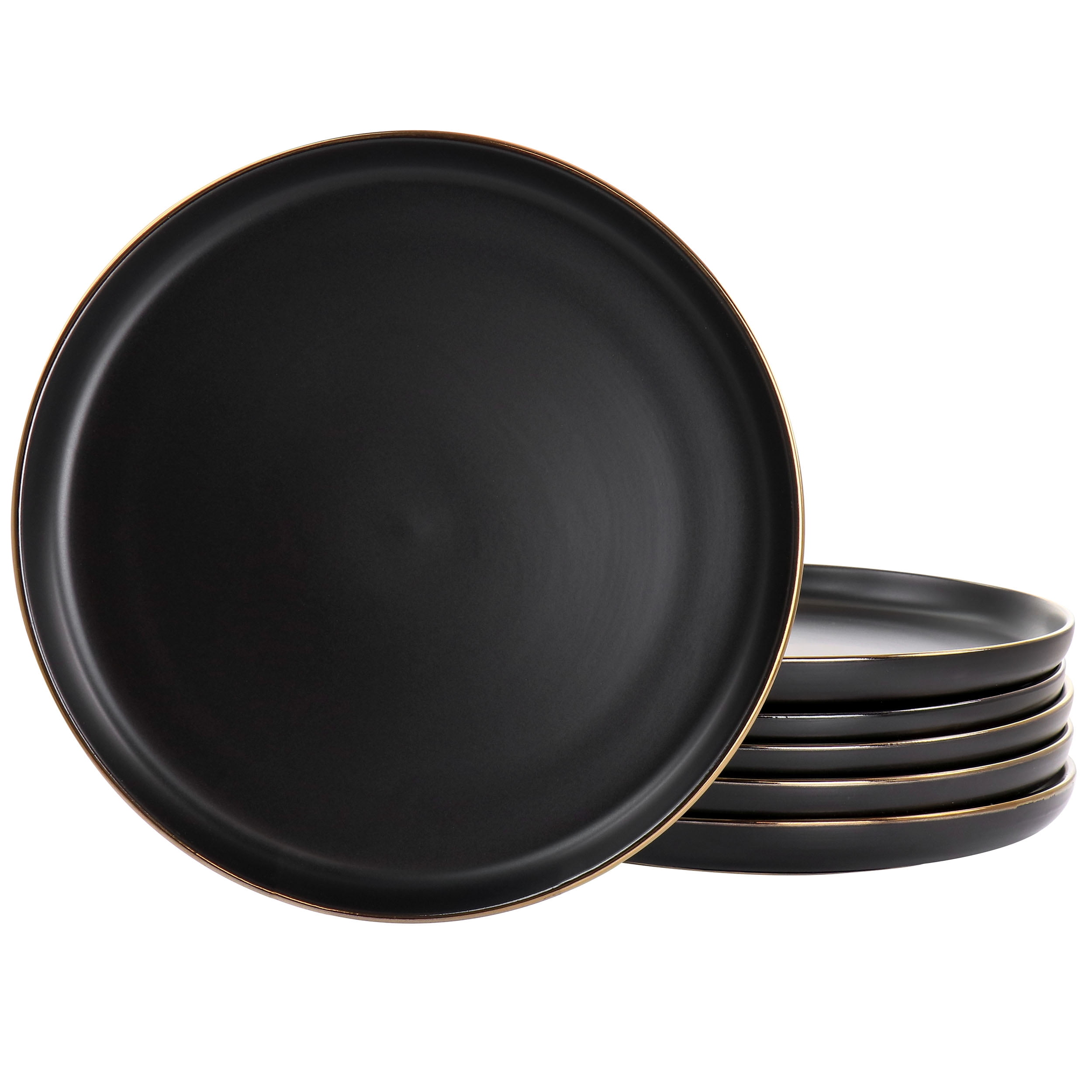Elama Paul 6 Piece Stoneware Dinner Plate Set in Matt Black with Gold Rim