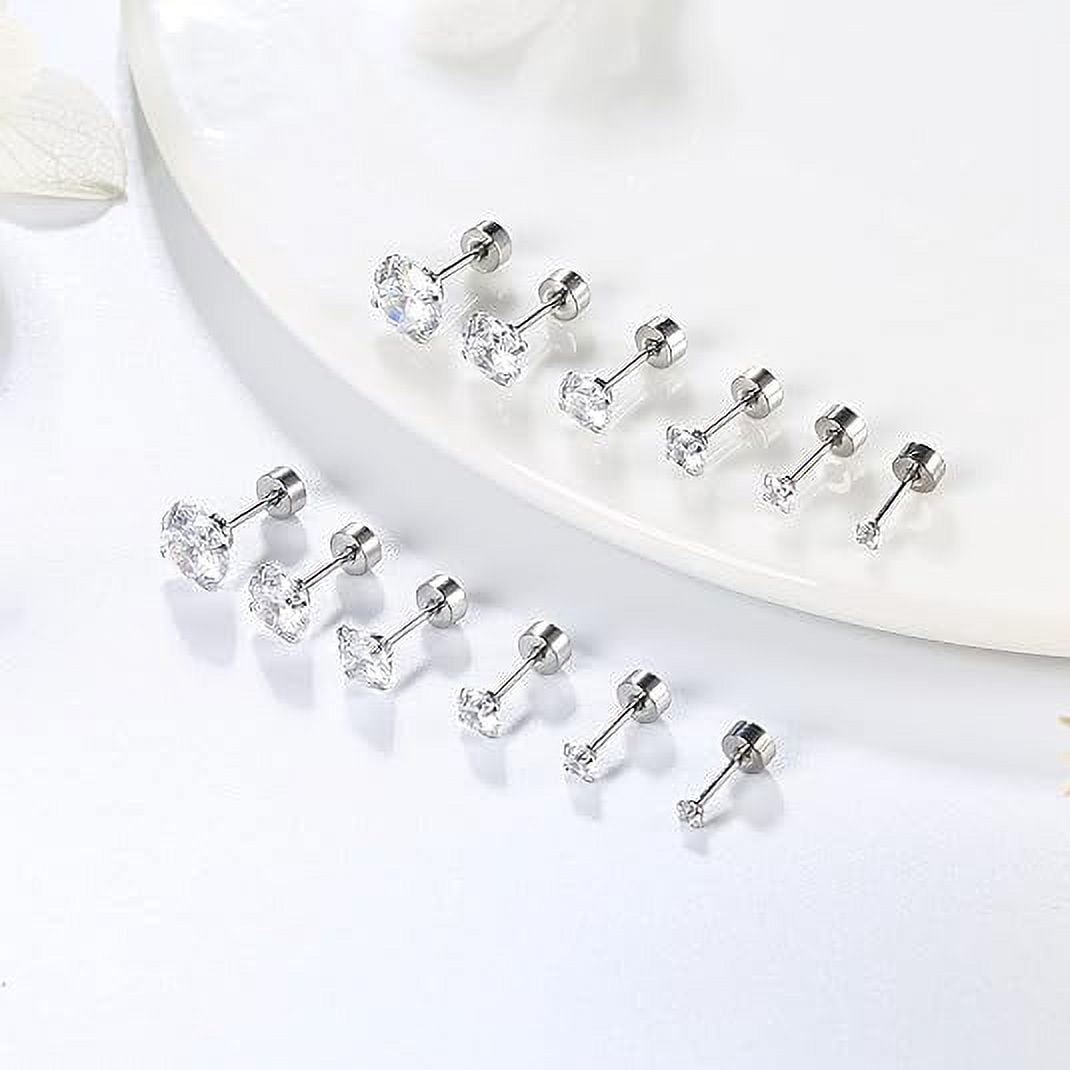 Knubmt 12 Pairs 316L Stainless Steel Earring Set 14K Gold Plated Hoop Earrings Flat Back Stud Earrings for Women Men, Silver