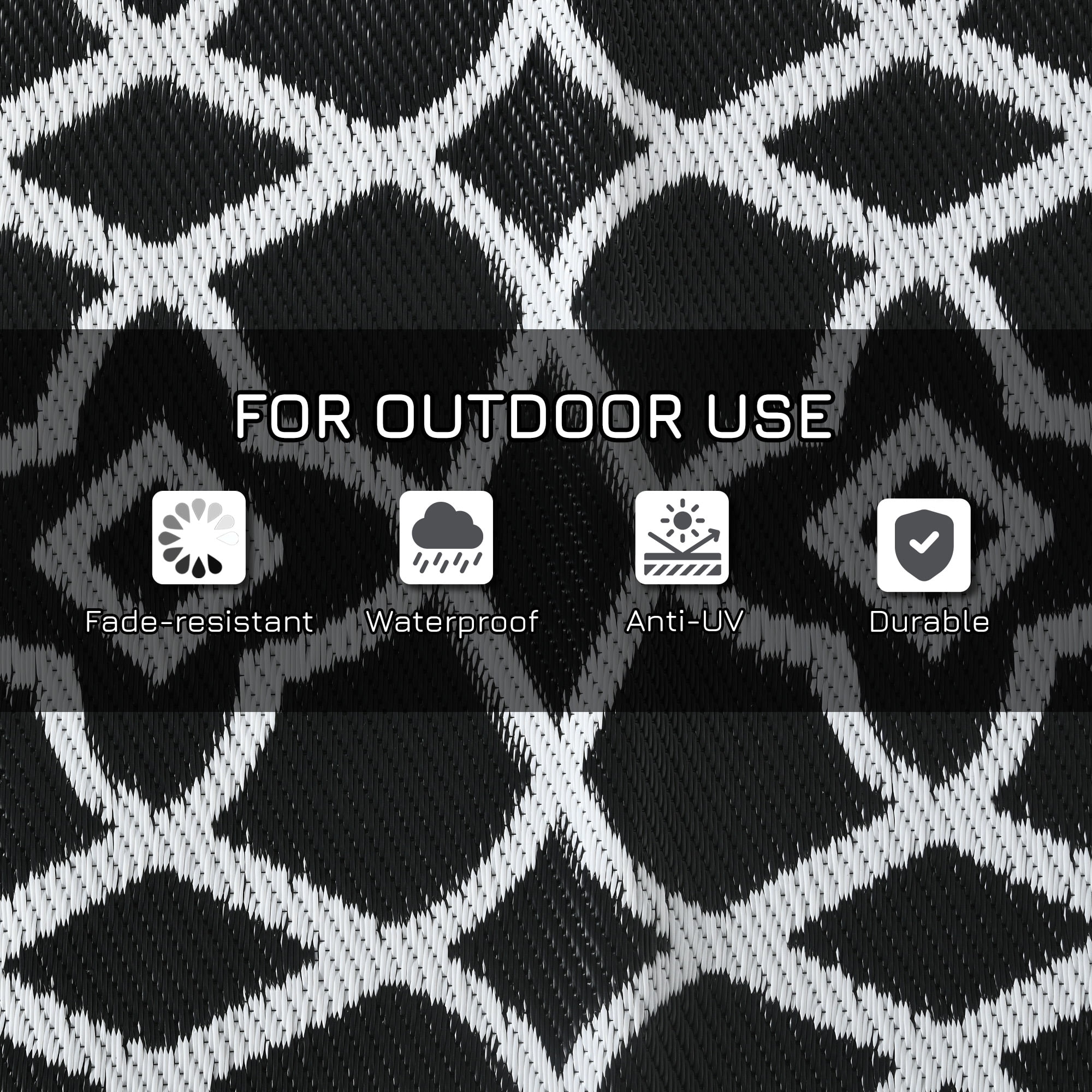 Black and White Clover Reversible Outdoor Rug, Waterproof Portable RV Camping Carpet, Foldable Fade‑Resistant Patio Mat with Carry Bag