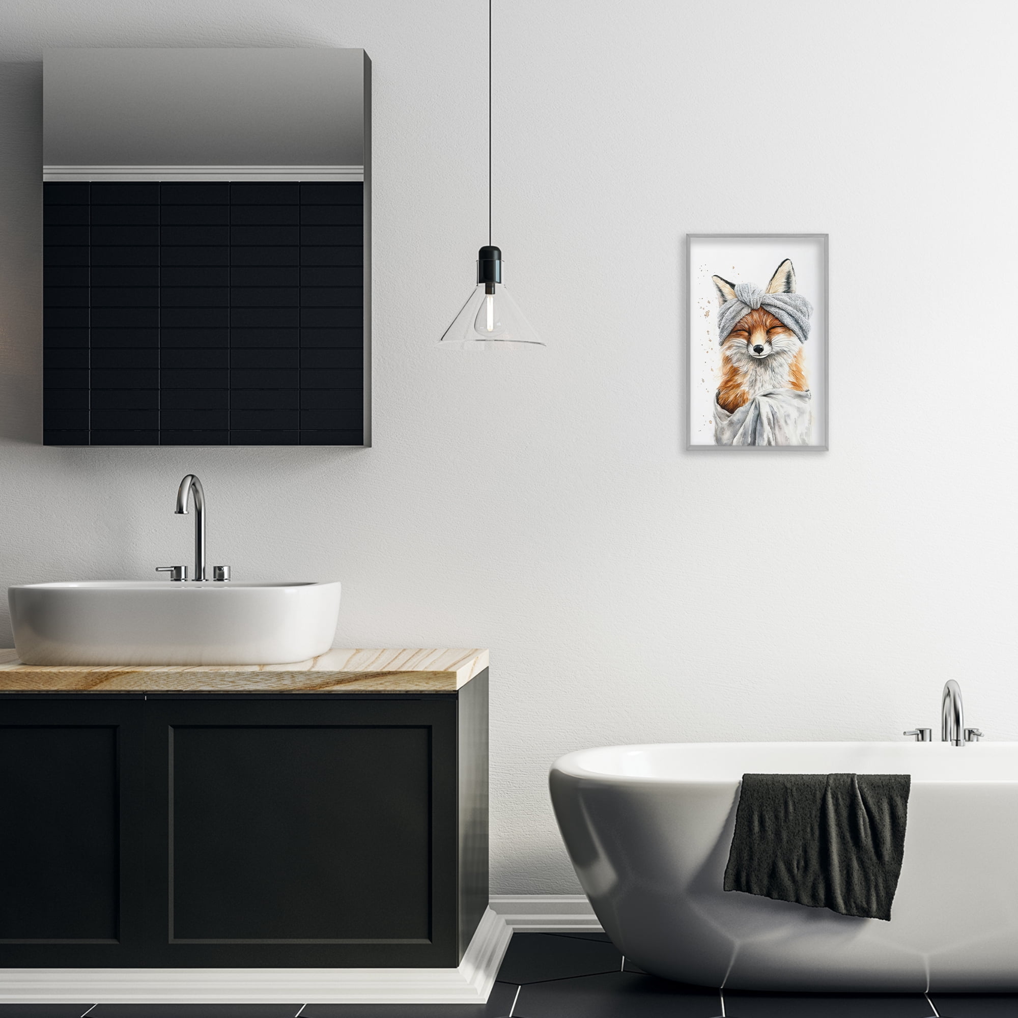 Stupell Industries Bathroom Fox Wrapped in Towel Gray Framed Giclee Art, design by Tina LeCour