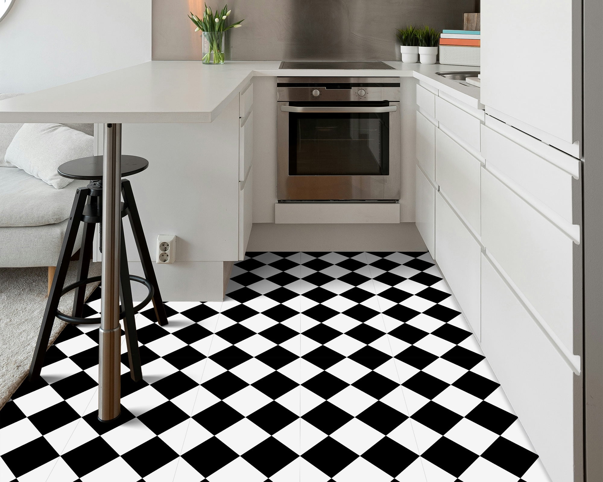 DEWOO 12" x 12" Peel and Stick Floor Tile, 10 PCS Self-Adhesive DIY Vinyl Flooring for Renters, Removable and Waterproof Tile Sticker for Bathroom, Kitchen, Staircase (Black White Grid)