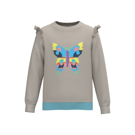 Cotonly Girls Papillon Ruffle Sweatshirt - Perfectly Pale Taupe, Fleece Winter Wear with Colorful Butterfly Graphic Print, 100% Organic Cotton, Sizes 1T-12 Years