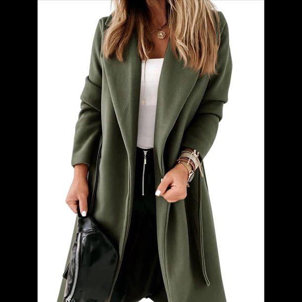 Chaqueta Clásica de Mujer con Solapa, Larga, Abertura Frontal y Cinturón, Abrigo Extra de Lana Verde M