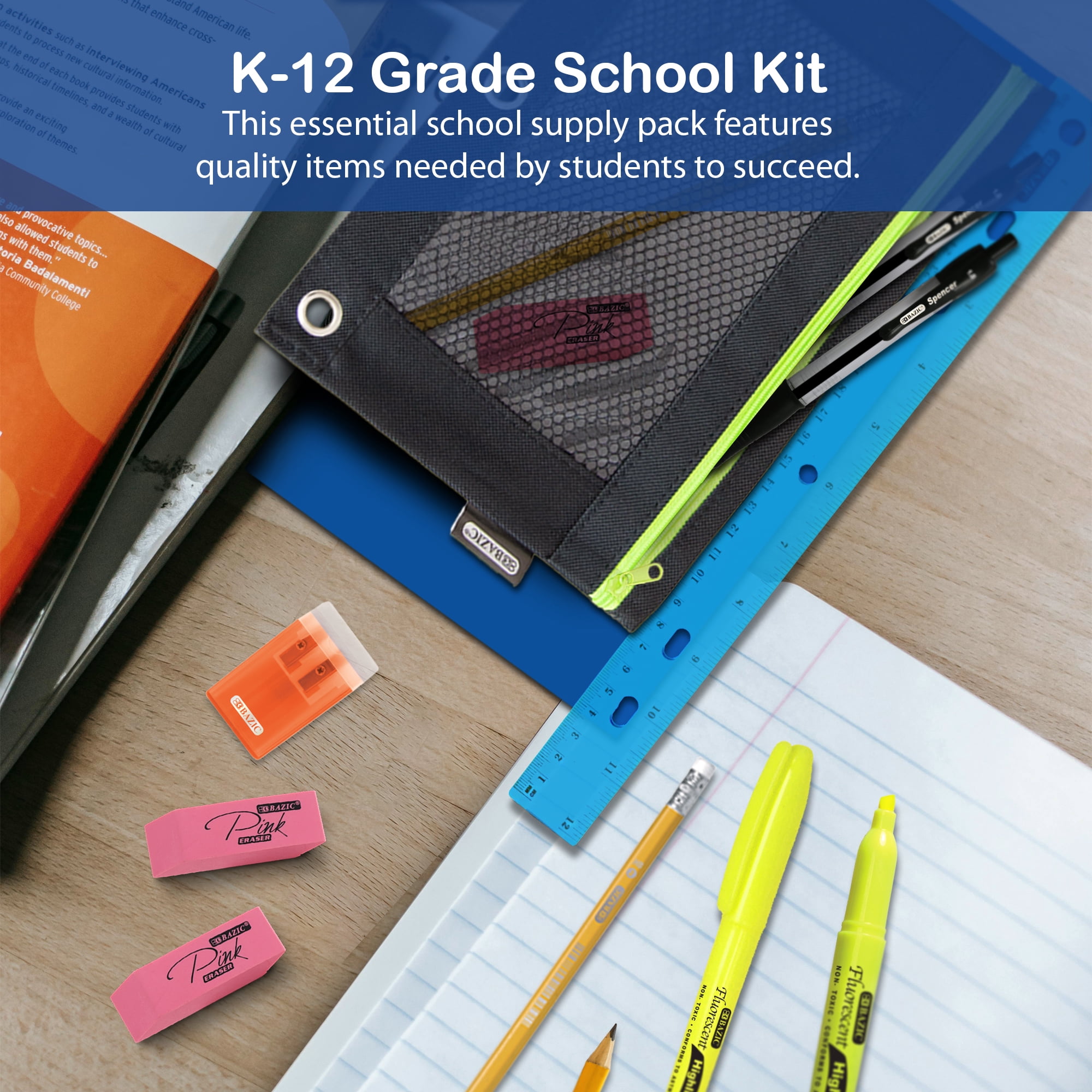 BAZIC Back to School Kit 33 Count Bundle Box for Student K-12, Composition Book Portfolio Pencils Sharpener Binder Pouch, SPEC COLOR MAY VARY, 1-Pack