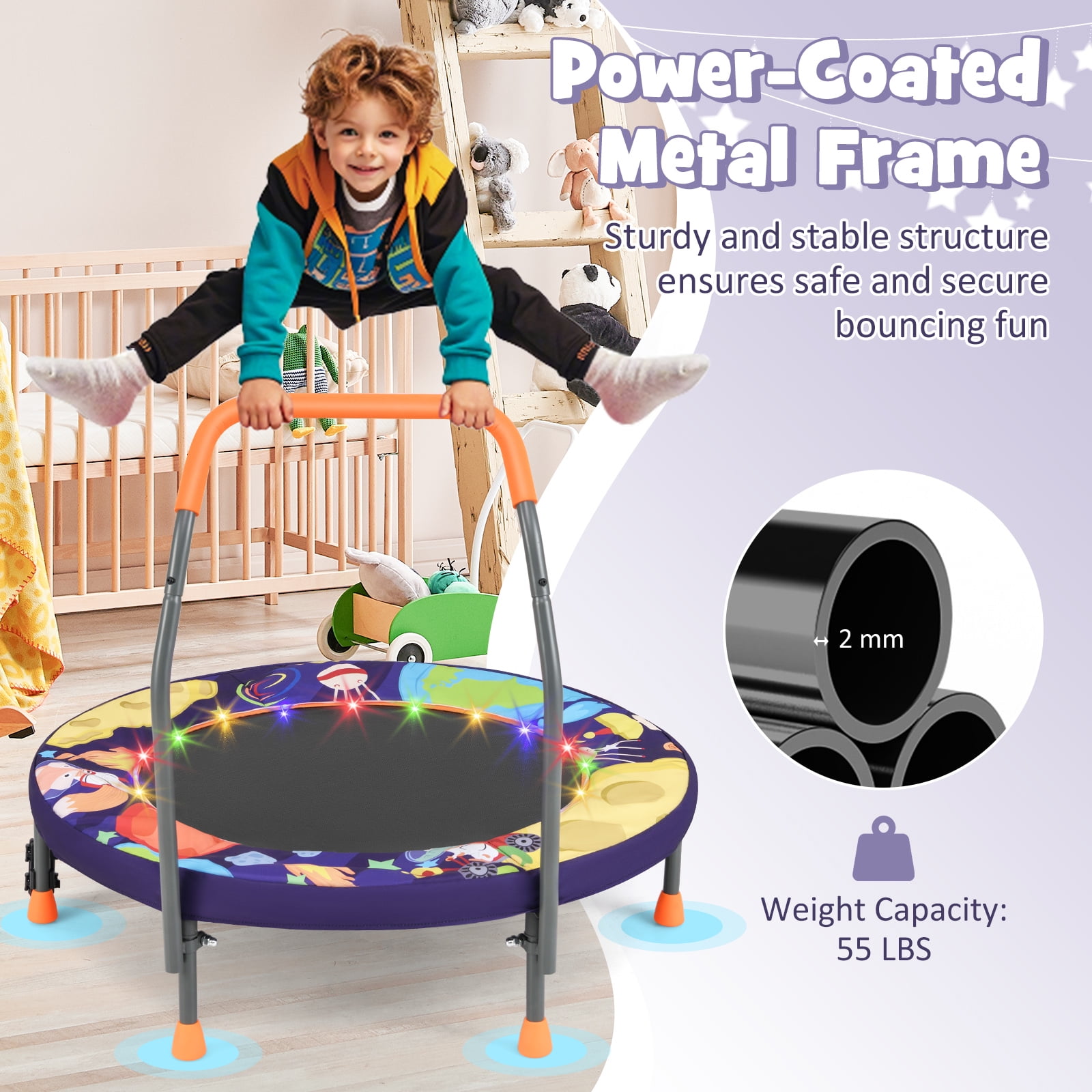Gymax 36'' Foldable Kid Trampoline w/ 20 LED Lights Foam Handlebar Padded Safety Cover Purple
