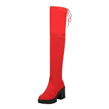 

dmqupv Long Boots Women Knee High Heels Boots High Round Heels Solid Toe women s Thigh High Flat Boots for Women Tall Shoes Red 9.5