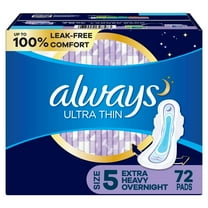 Always Ultra Thin, Size 5, Extra Heavy Overnight Pads With Wings, Unscented 72 Count .
