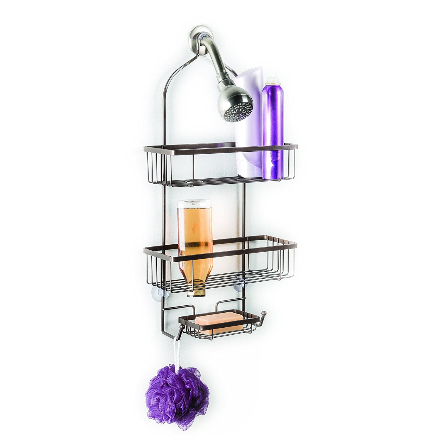 Over The Showerhead Two Tier Open Wire Design Deluxe Shower Caddy With Soap Dish And Two Hooks