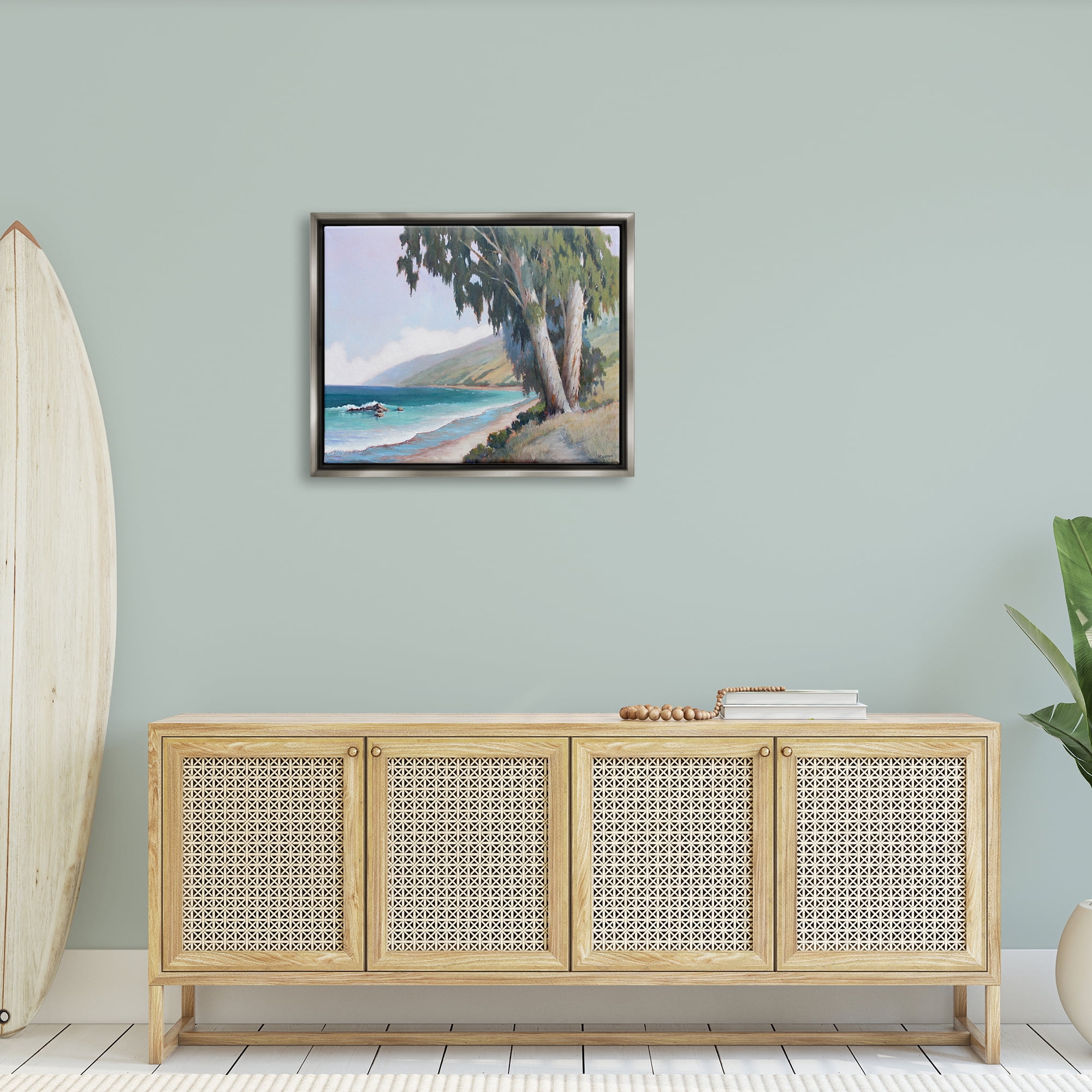 Stupell Seaside Vegetation Beach Waves Cove Landscape Painting Gray Floater Framed Art Print Wall Art