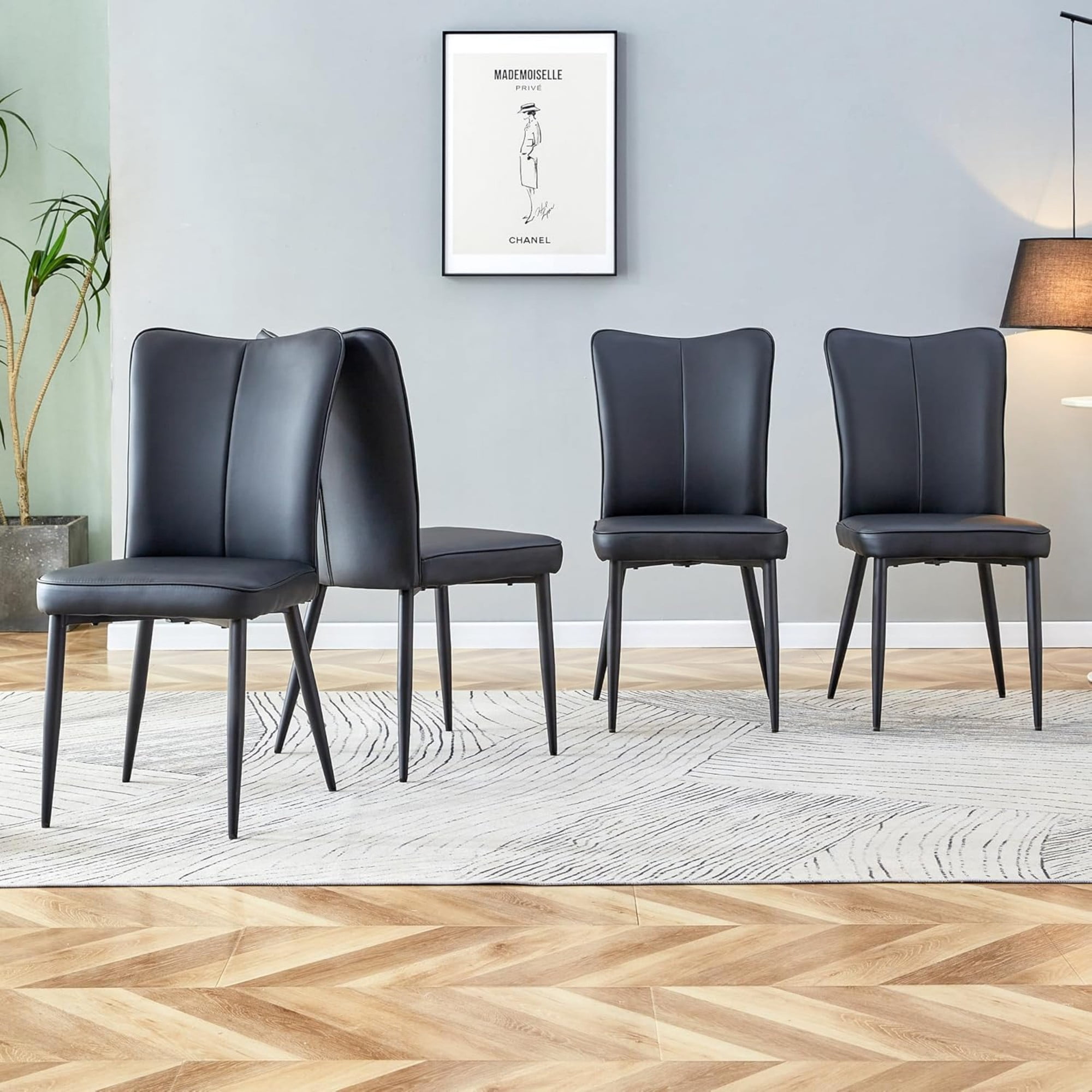 SUDICA Dining Chairs Set of 6, Black Faux Leather Upholstered Side Chairs with Black Metal Legs for Dining Room and Kitchen