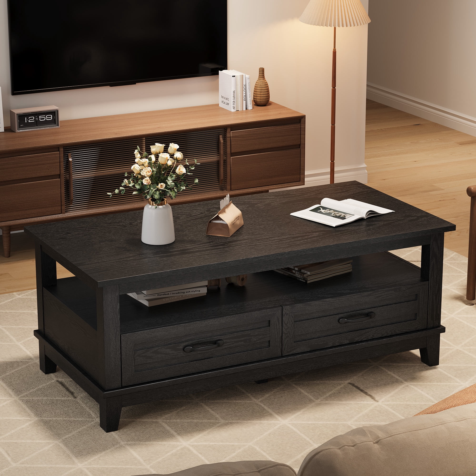 Farmhouse Coffee Table with Storage, Wood Coffee Table for Living Room, Open Display Area and Storage Drawers with Handles, Chic Style for Office, Parlor, Reading Room