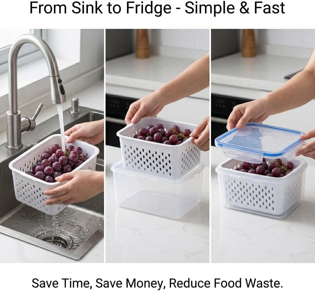 4 in 1 Food Storage Container for Fridge Produce Keeper with Lid and Removable Strainer Vegetable Storage ＆ Multipurpose Large Fruit with Drain Basket (3pcs Black)