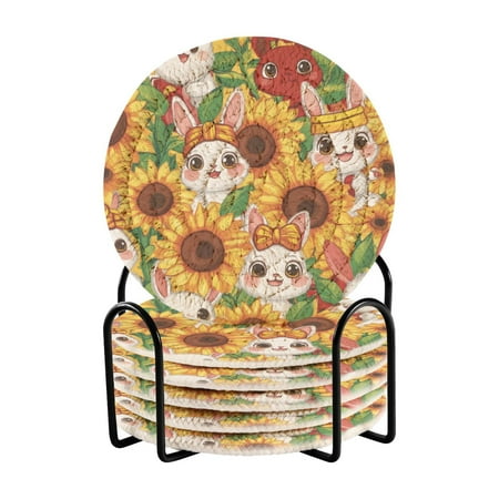 

6-Pack Coiled Coasters Set with Storage Rack Heat-Resistant for Home Office or Gift Bunnies and Sunflowers (3.94in Diameter)