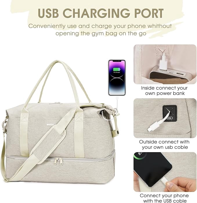 WANDF For Spirit Airlines Travel Bag With Shoe Compartment,Underseat Carry On Bag Weekender Bag with Toiletry Bag,Personal Item Bag 18x14x8 With USB Charging Port,Gym Bag With Wet Pocket(Beige Bag)