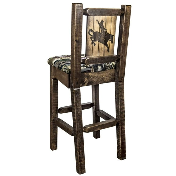 Homestead Collection Barstool w/ Back - Woodland Upholstery, w/ Laser Engraved Bronc Design, Stain & Lacquer Finish
