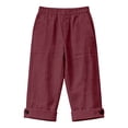thumbnail image 4 of Siminsem Cotton Linen Shorts for Women High Waisted 5" Inseam Cuffed Hem Drawstring Elastic Waist with Pockets Summer Casual Five Point Pants Beach Travel Lounge, Wine, L, 4 of 4