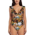 thumbnail image 2 of Yiaed Welcom Fall Print Women's Ruffled One Piece Swimsuit V Neck Swimwear Slimming Monokini for Woman-Large, 2 of 8