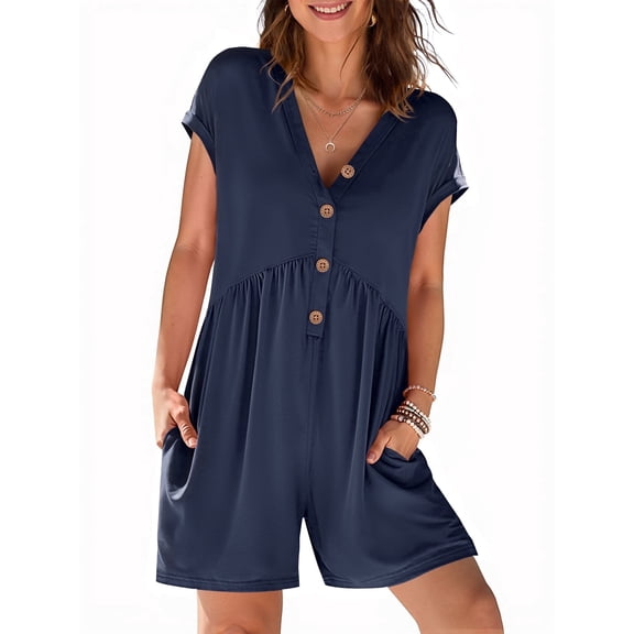 Merokeety Summer Rompers for Women Casual V Neck Shorts Overalls Loose Fit Onesie with Pockets Navy m