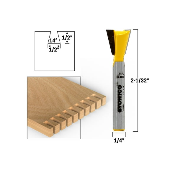 14° X 1/2" Dovetail Router Bit - 1/4" Shank - Yonico 14114q