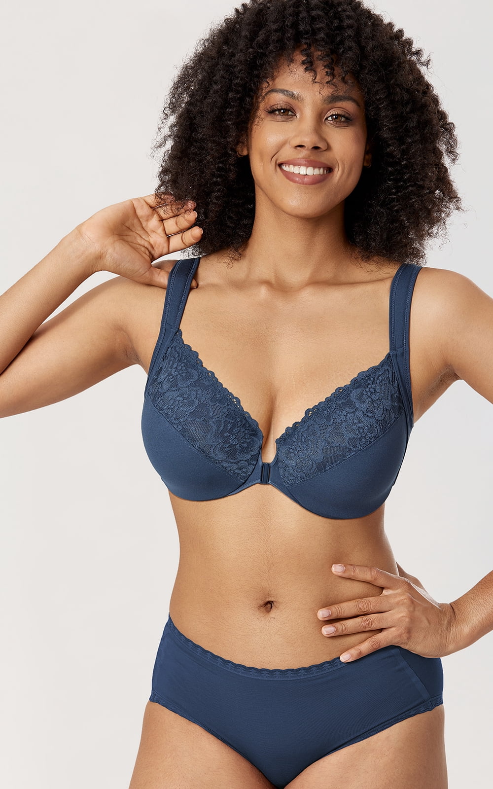 DELIMIRA Women's Front Closure Bras Plus Size Full Coverage Underwire Unlined Lace Bra