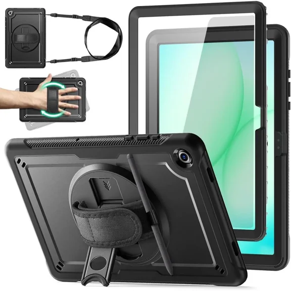 Case for Samsung Galaxy Tab A11 Plus / A9 Plus 2025 2023 with Screen Protector, Hand/Shoulder Strap & 360° Rotate Stand, Pencil Holder, Full-Body Drop Protection for Tab A11 /A9 11 Inch, Black