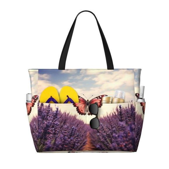 Disketp Butterfly Over Lavender Bolsa de Playa de Gran Capacidad, Bolso Impermeable y a Prueba de Arena para Mujer, Ideal para Playa, Piscina y Natación