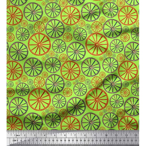 Soimoi Green Silk Fabric Wheel Ethnic Print Fabric by the Yard 42 Inch Wide