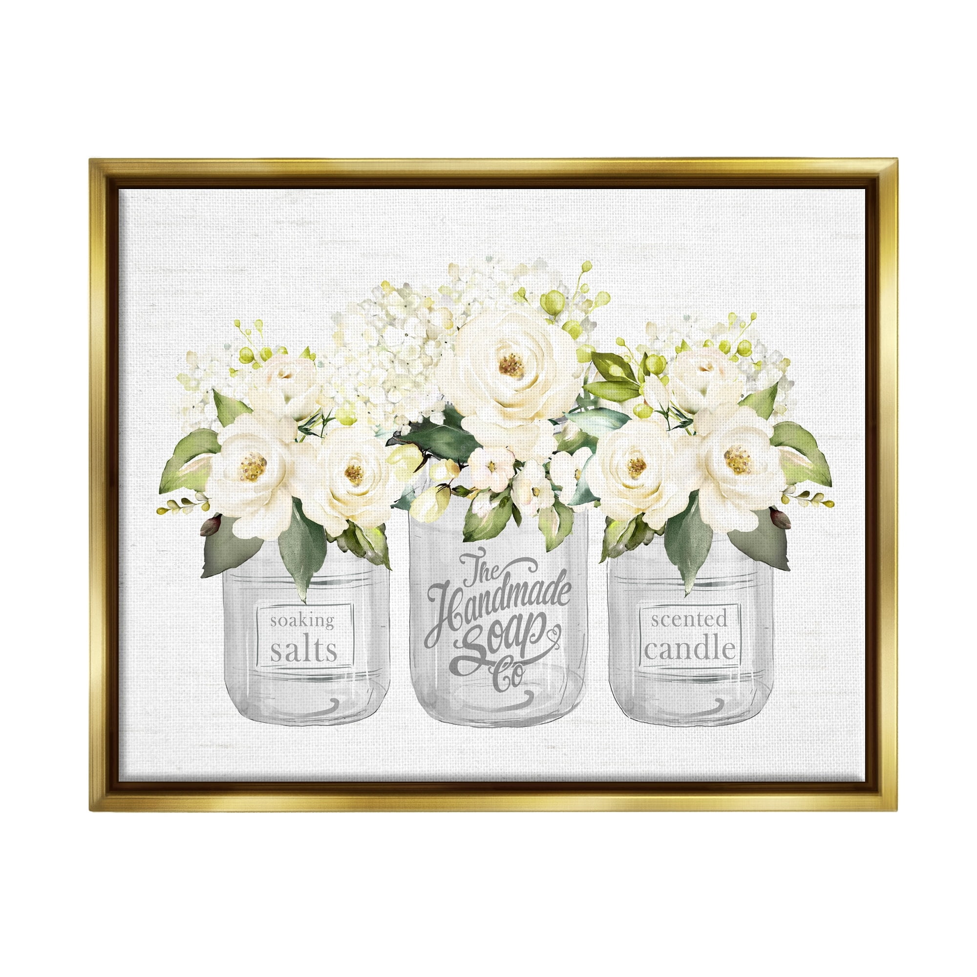 Stupell Industries White Roses Blooming Country Rustic Candle Jars Graphic Art Metallic Gold Floating Framed Canvas Print Wall Art, Design by Lettered and Lined