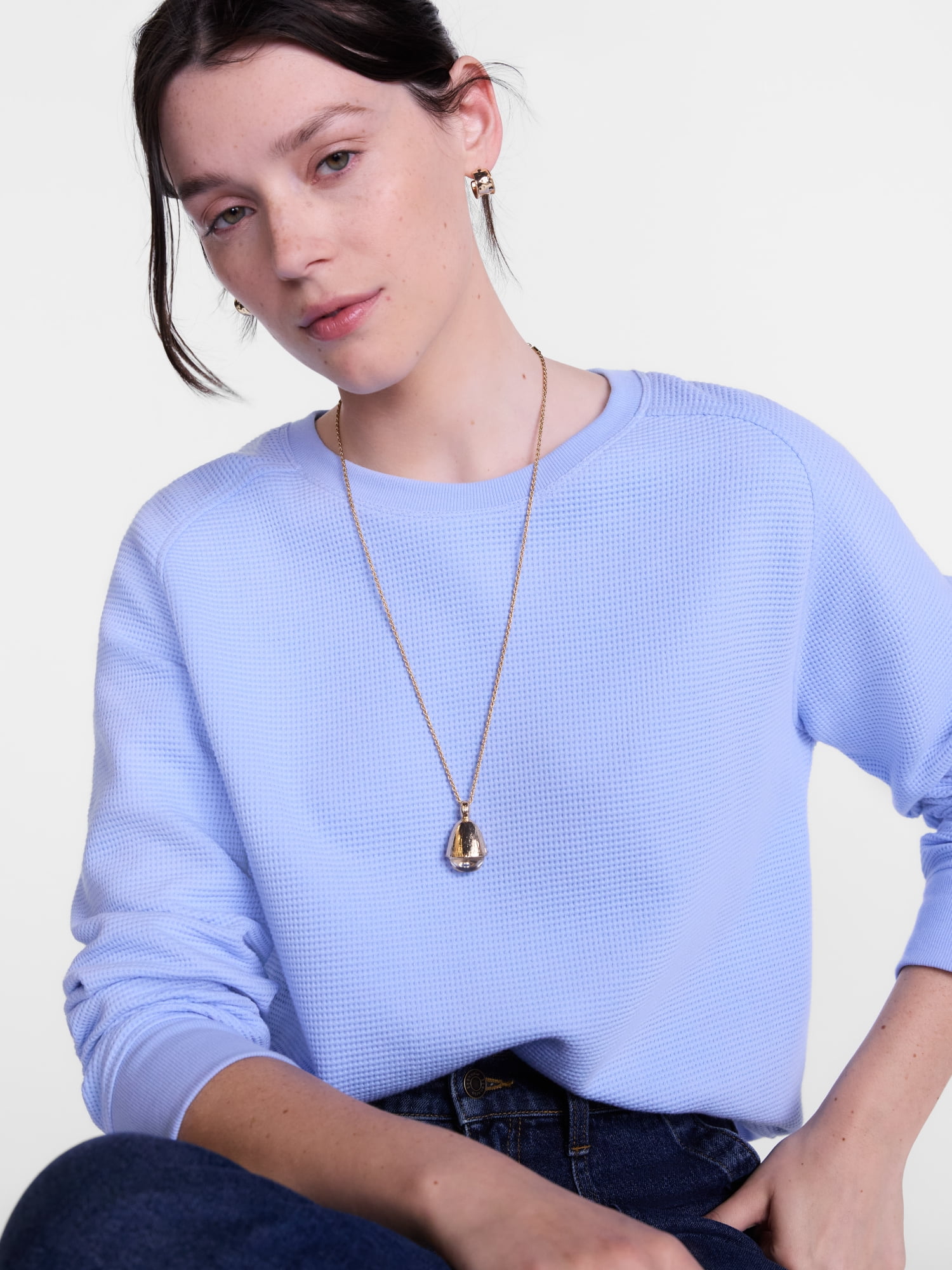 Scenario Women's Waffle Knit Crewneck Tee with Long Sleeves, Sizes XS-XXXL