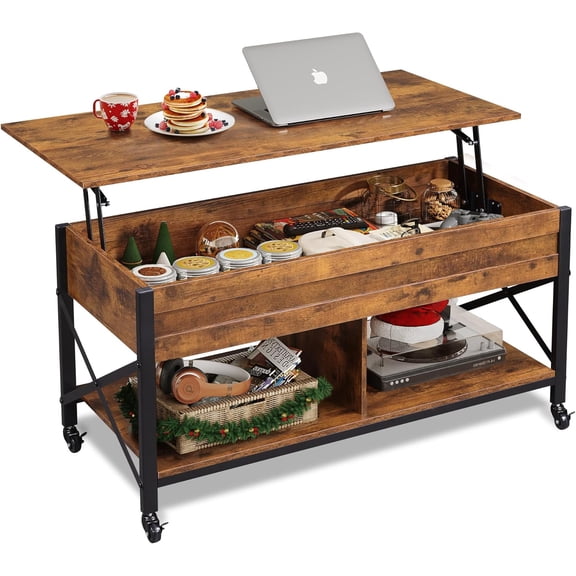 Happyyeah Coffee Table, 41.3" Lift Top Coffee Table with 4 Wheels, Hidden Compartment, Storage Shelf and Lift Tabletop for Living Room, Reception Room, Rustic Brown