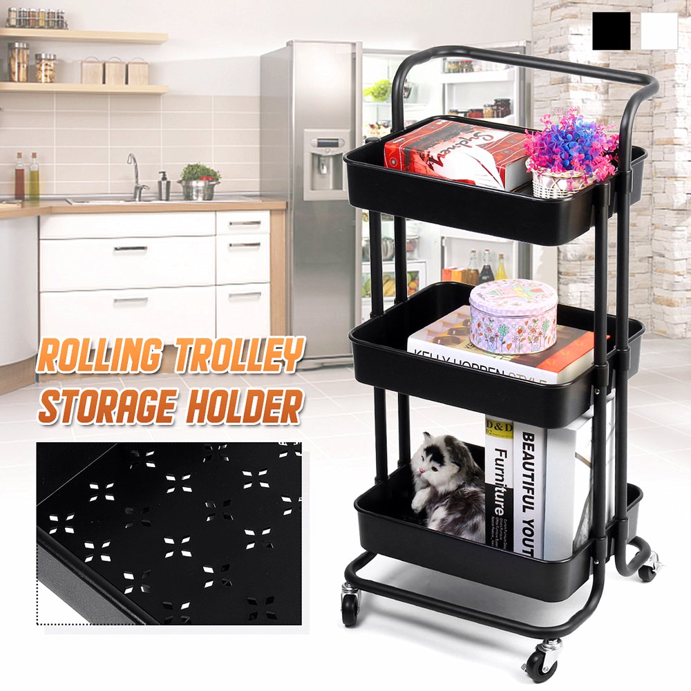 3Tier Iron Metal Trolley Rolling Utility Cart Rack with Handle Storage