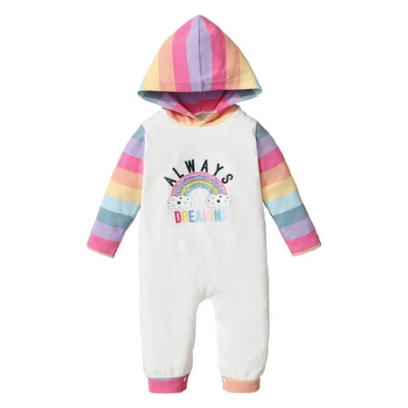 

OLLUISNEO Infant Baby Girls Romper Winter Romper Rainbow Printed Long Sleeve One-piece Splice Hooded Jumpsuit 18-24 Months White