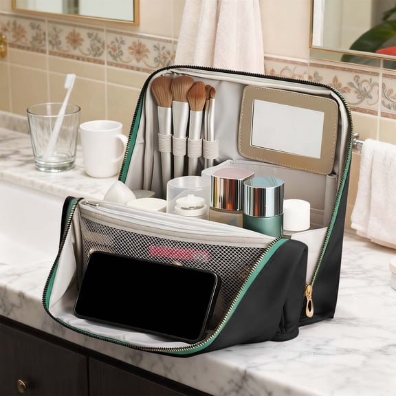 Large Capacity Leather Travel Toiletry Bag for Women, Multipurpose Hanging Cosmetic Organizer with Dividers, Waterproof Portable Makeup Bag with Handle for Daily Use, Travel, and Christmas Gifts