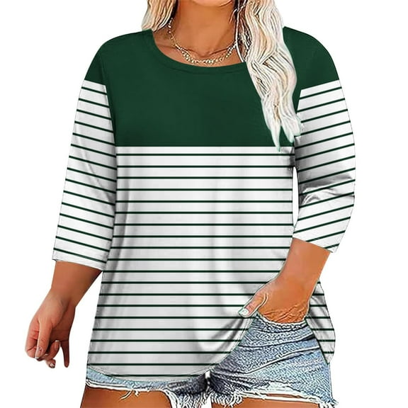 Womens Tops Fall Long Sleeve Striped Printed Round Neck Plus Size T-shirt Army Green 2XL