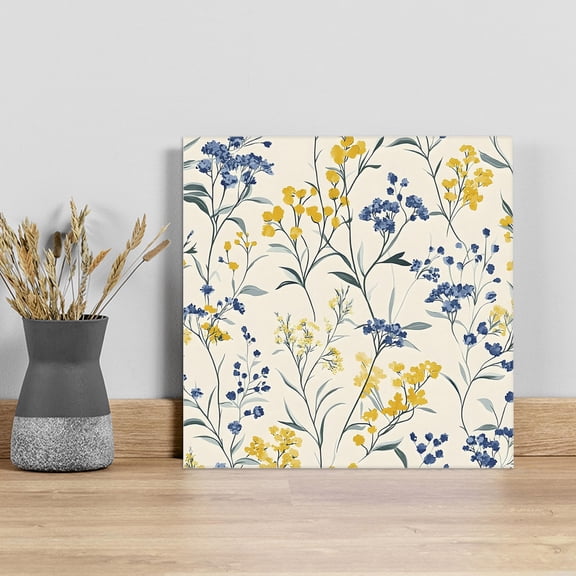 Yellow Blue Flowers Wall Art Painting on Canvas, Watercolor Botanical Floral Plants Canvas Art Home Prints Wall Art Framed Modern Artwork for Living Room Bedroom Wall Decor 8x8in