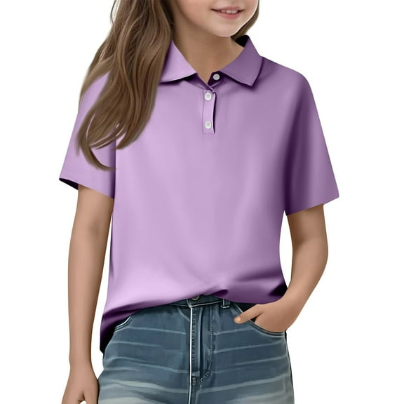 HAJWOH Purple Kids Girls Uniform Tops Short Sleeve Top Casual Button Down Uniform Shirts 2025 Summer New with Collar Golf Polo Shirt Workout Clothes Light Purple 12-13 Years