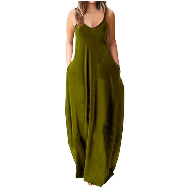 SMihono Robe Maxi Bohème d'Été pour Femmes Grande Taille Robe d'Été pour Femmes Décontractée Sans Manches à Col en V à Bretelles Ample Robe de Plage Longue Camisole Fluide Robes avec Poche Robe Évasée de Plage