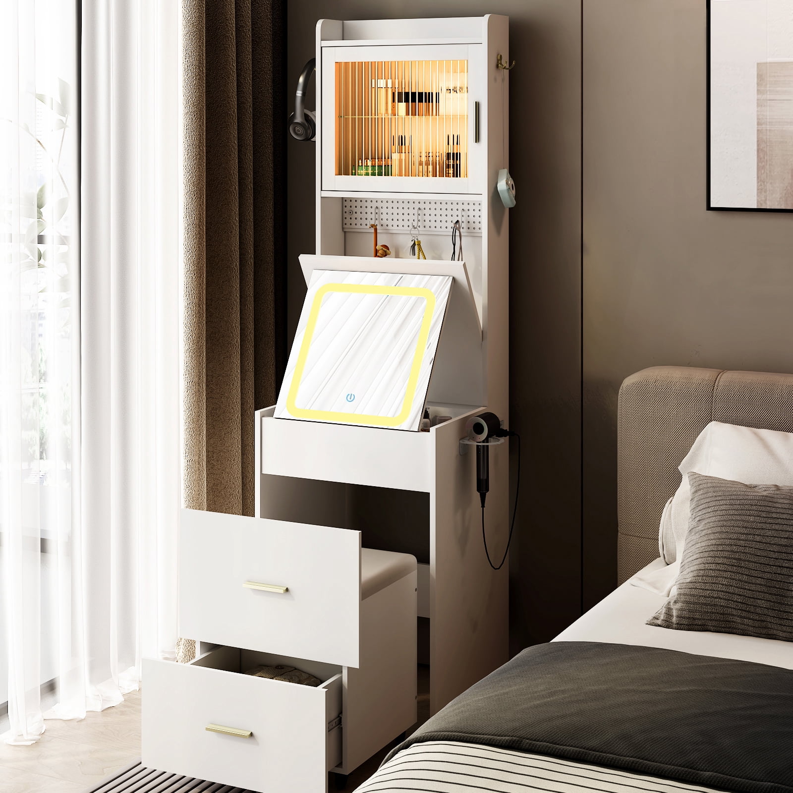 Ktaxon Makeup Vanity Table for Small Spaces, Vanity Table Set with 3 Color LED Light, Bedroom Dressing Table, White