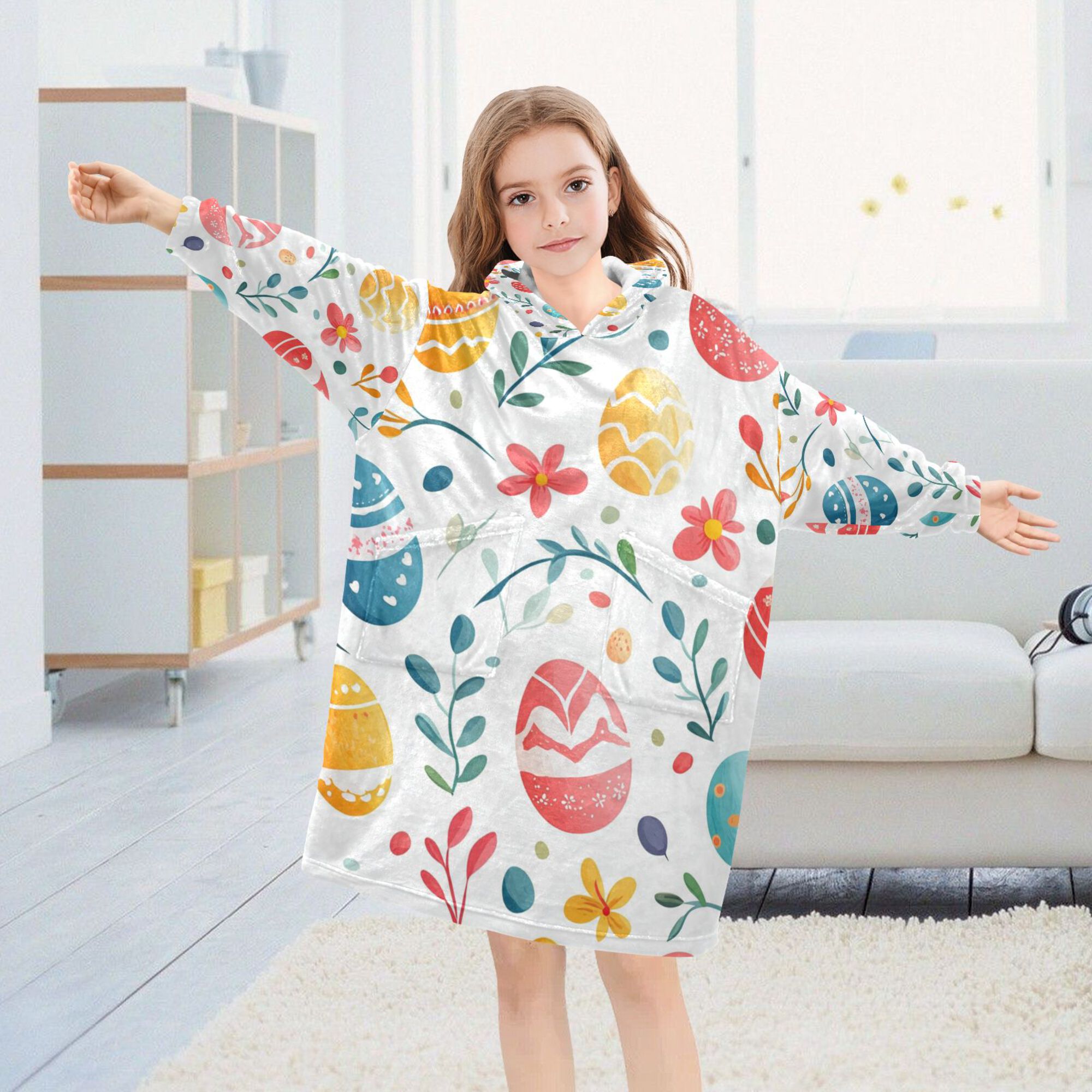FORMRS Wearable Blanket Hoodie with Sleeves for Kids Cozy Flannel Sweatshirt, Cute Easter Eggs