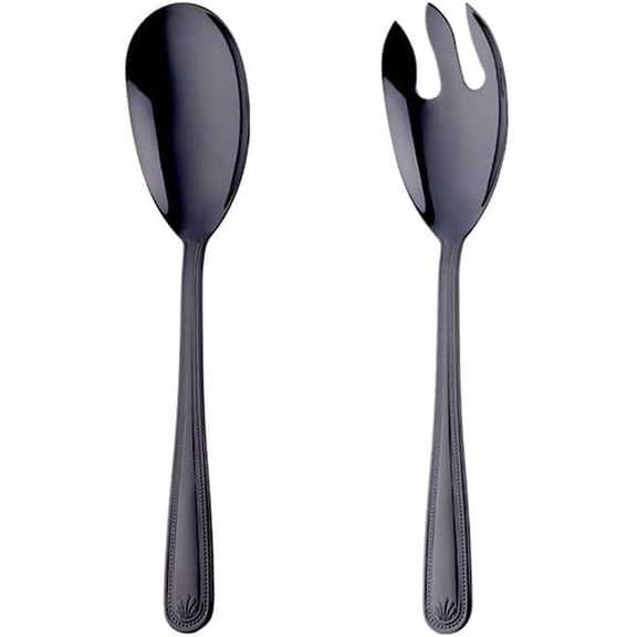 ABCISI Salad Spoon and Fork Set, 12 Inch Stainless Steel Salad Server with Fine Mirror Finish,  Great for Buffets Catered Events, Serving Utensils Set, Dishwasher Safe, Black, Pack of 2